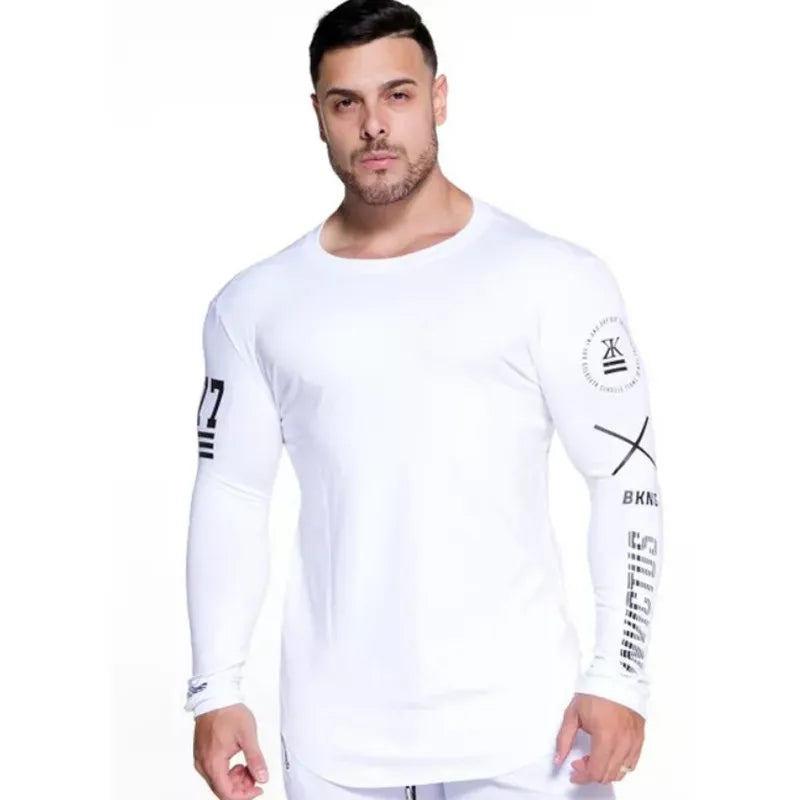 Mannen bodybuilding shirt met lange mouwen mannelijk casual mode mager T-shirt gym fitness workout tees tops hardlopen sneldrogende kleding