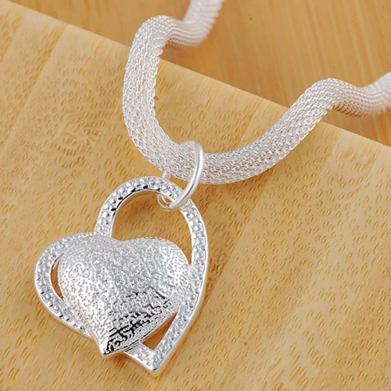 925 Sterling Silver 18 Inch Double Heart Pendant Necklace