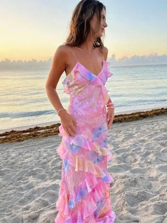 Tierred Ruches Bloemenprint Sling Maxi Jurk Mode Bohe Mouwloze Bodycon Vestidos Vrouwelijke Nieuwe Strand Vakantie Lange Gewaad