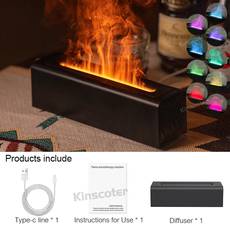 KINSCOTER-Diffuseur d'arômes d'huiles essentielles, humidificateur d'air à flamme, diffuseur de brume fraîche à ultrasons, feu réaliste RVB, veilleuse