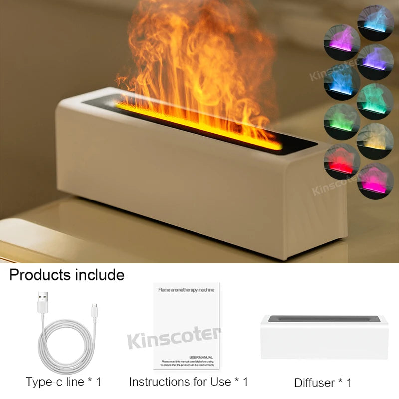 KINSCOTER-Diffuseur d'arômes d'huiles essentielles, humidificateur d'air à flamme, diffuseur de brume fraîche à ultrasons, feu réaliste RVB, veilleuse