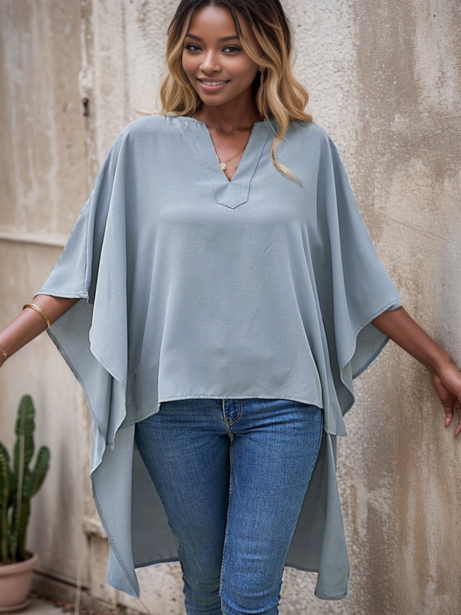 Summer Chiffon Shirt Loose V Neck Short Sleeve