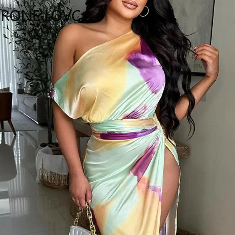 One Shoulder Diagonal Collar Satin Dress