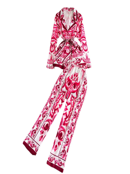 JAMERARY Herfst Porselein Bloemen Tweedelige Sets Vrouwen Lange Mouwen Rood Wit Blouses + Skinny Broek Past Runway