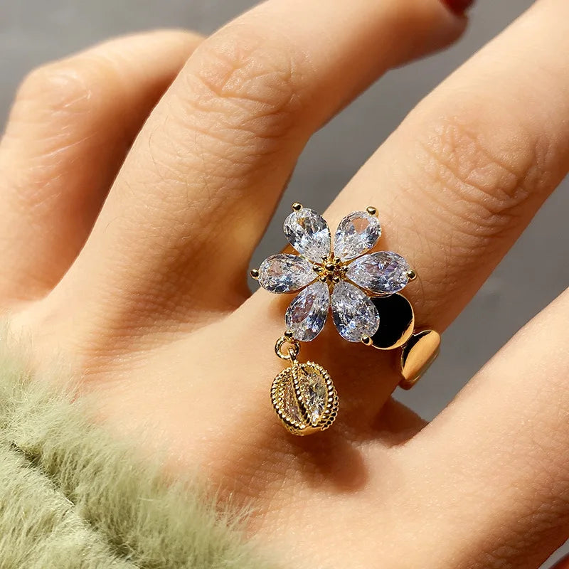 Personalized Flower Cubic Zirconia Adjustable Ring Women