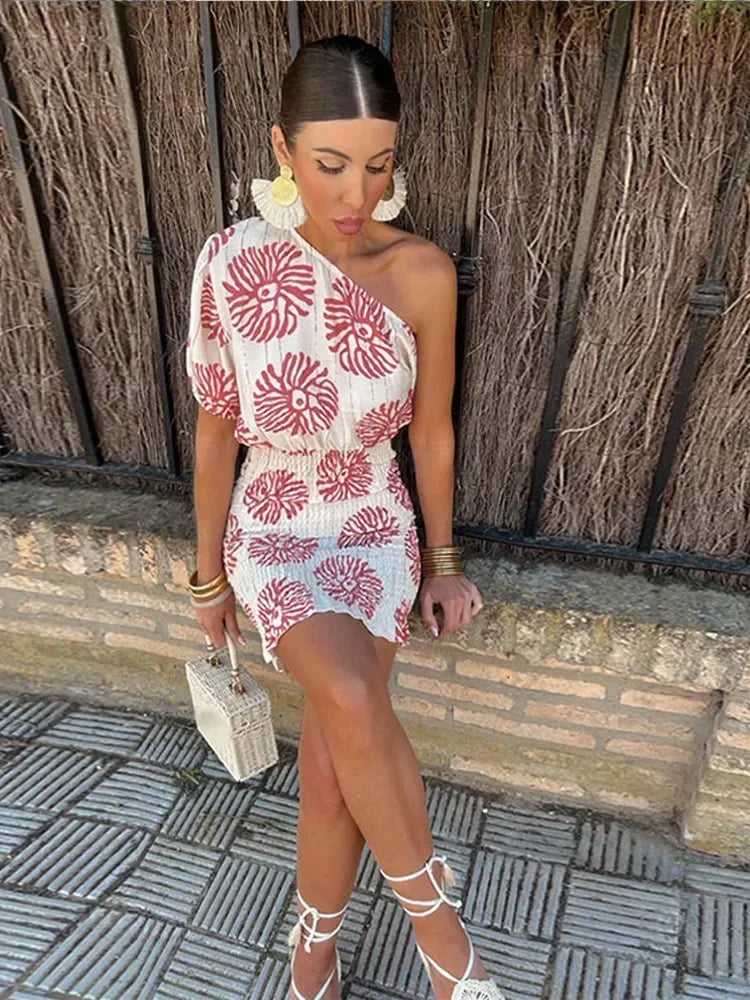 Printed Oblique Shoulder Mini Dress